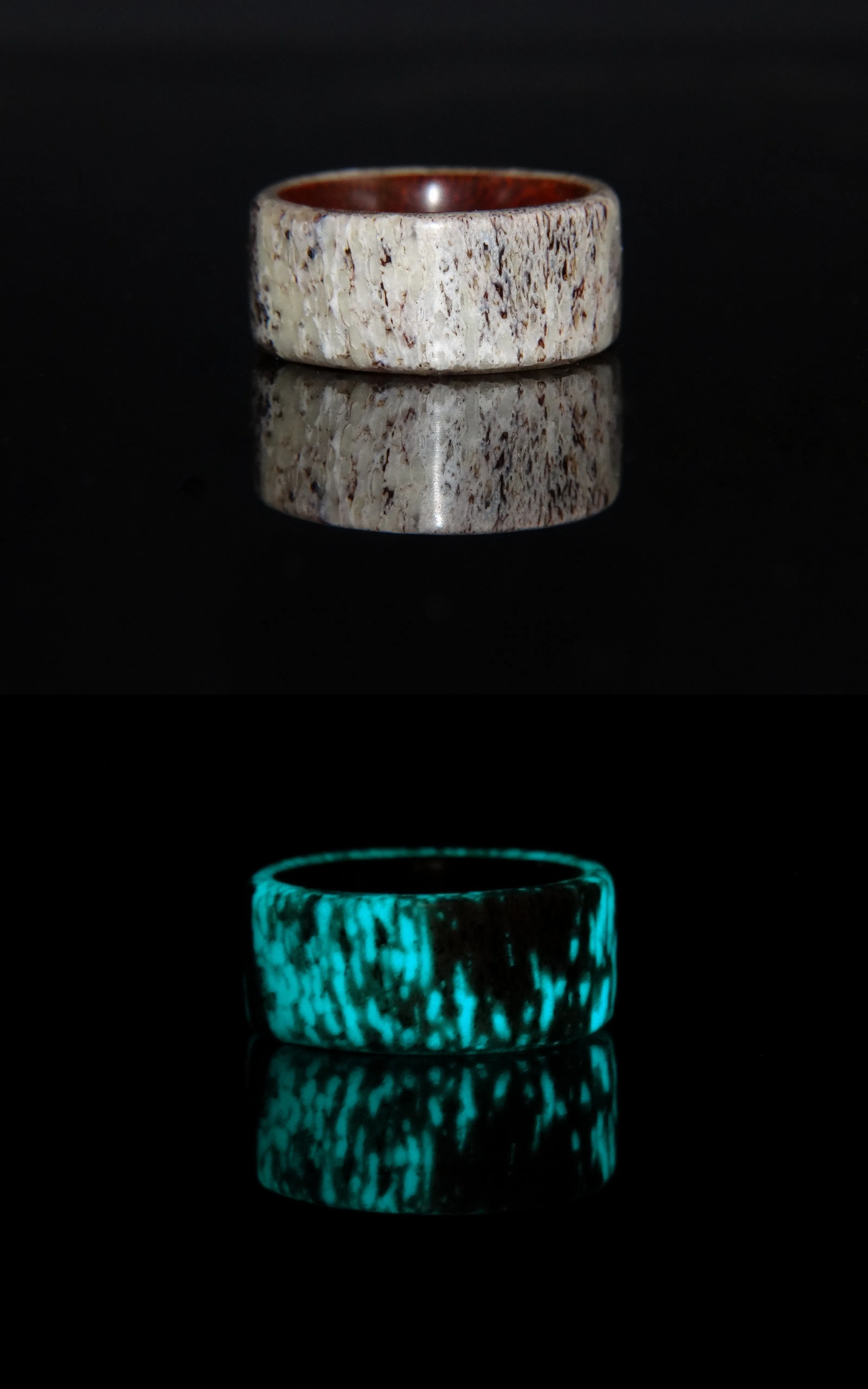 Bentwood Ring -  "Aglow" Deer Antler on Padauk Wood Core with Phosphorescent Stabilized
