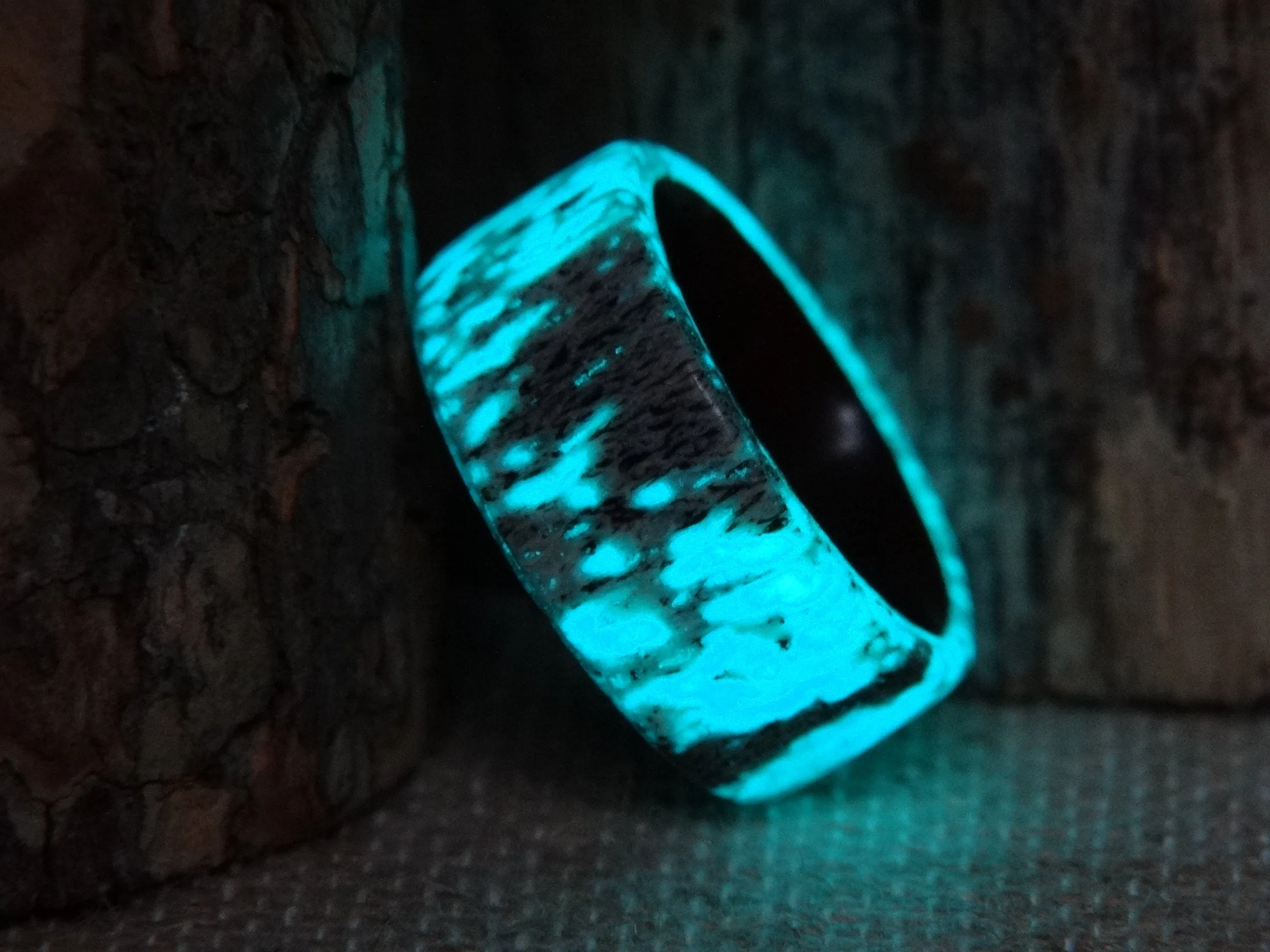 Bentwood Ring -  "Aglow" Deer Antler on Padauk Wood Core with Phosphorescent Stabilized