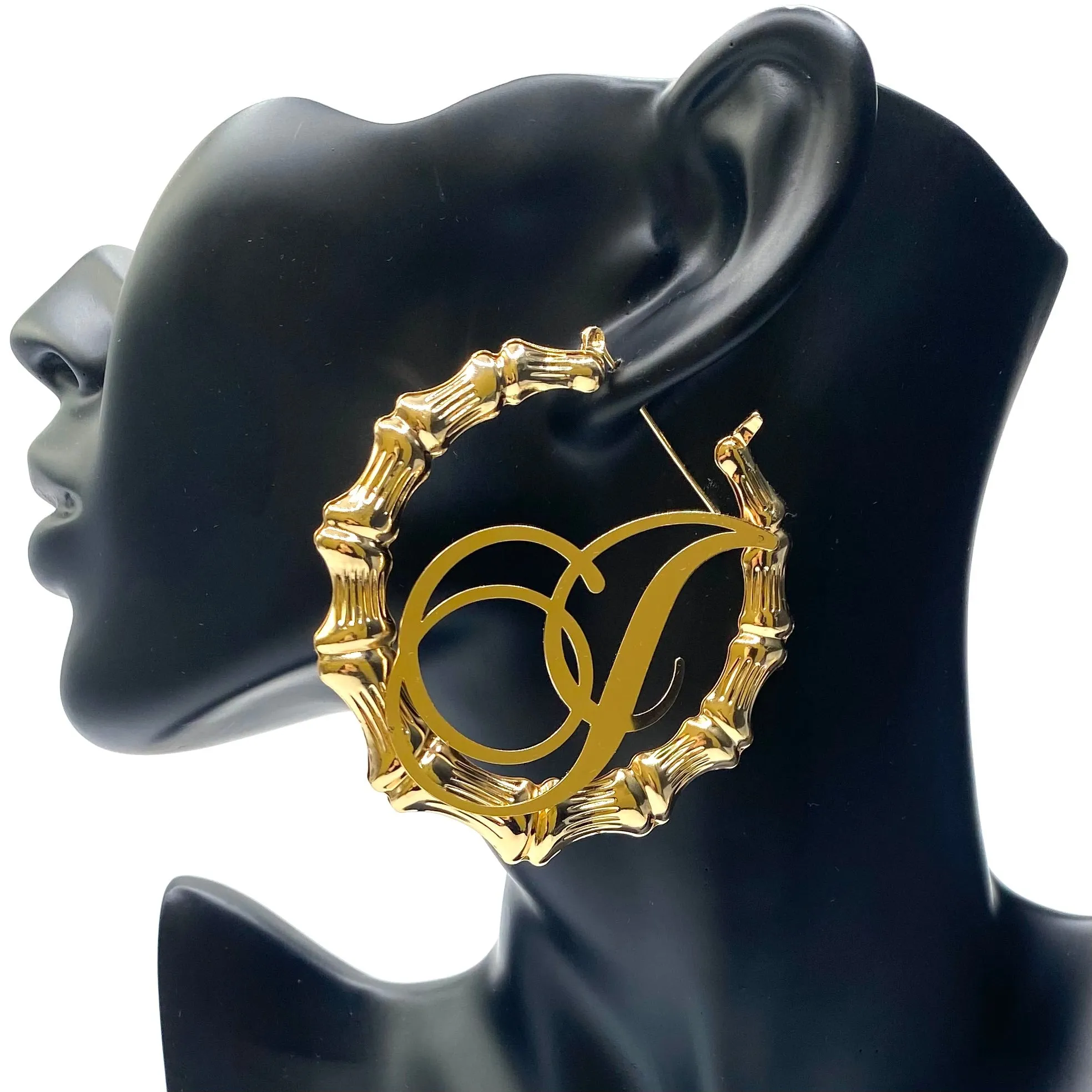 Earring Hoop Bamboo Initial Large Gold