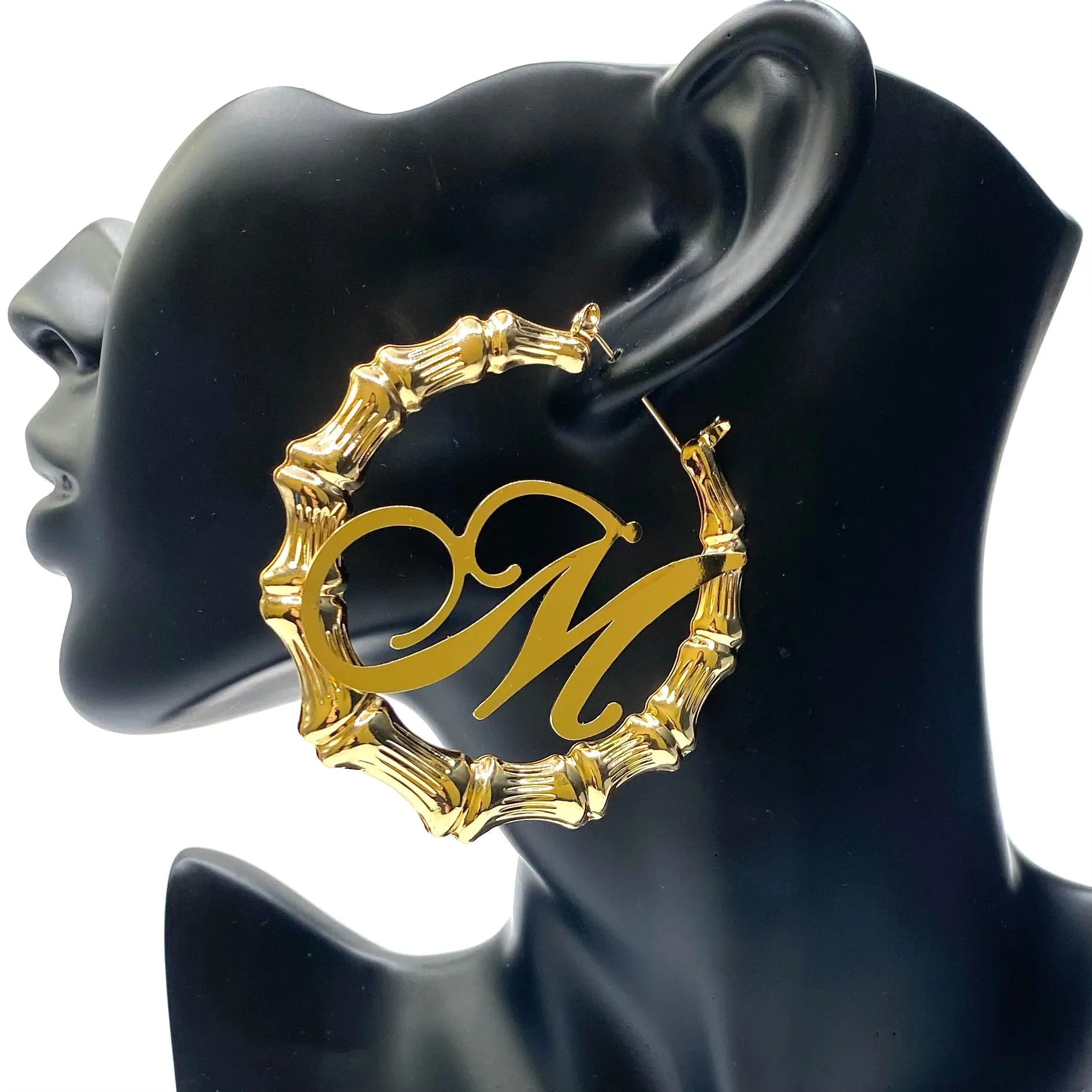 Earring Hoop Bamboo Initial Large Gold
