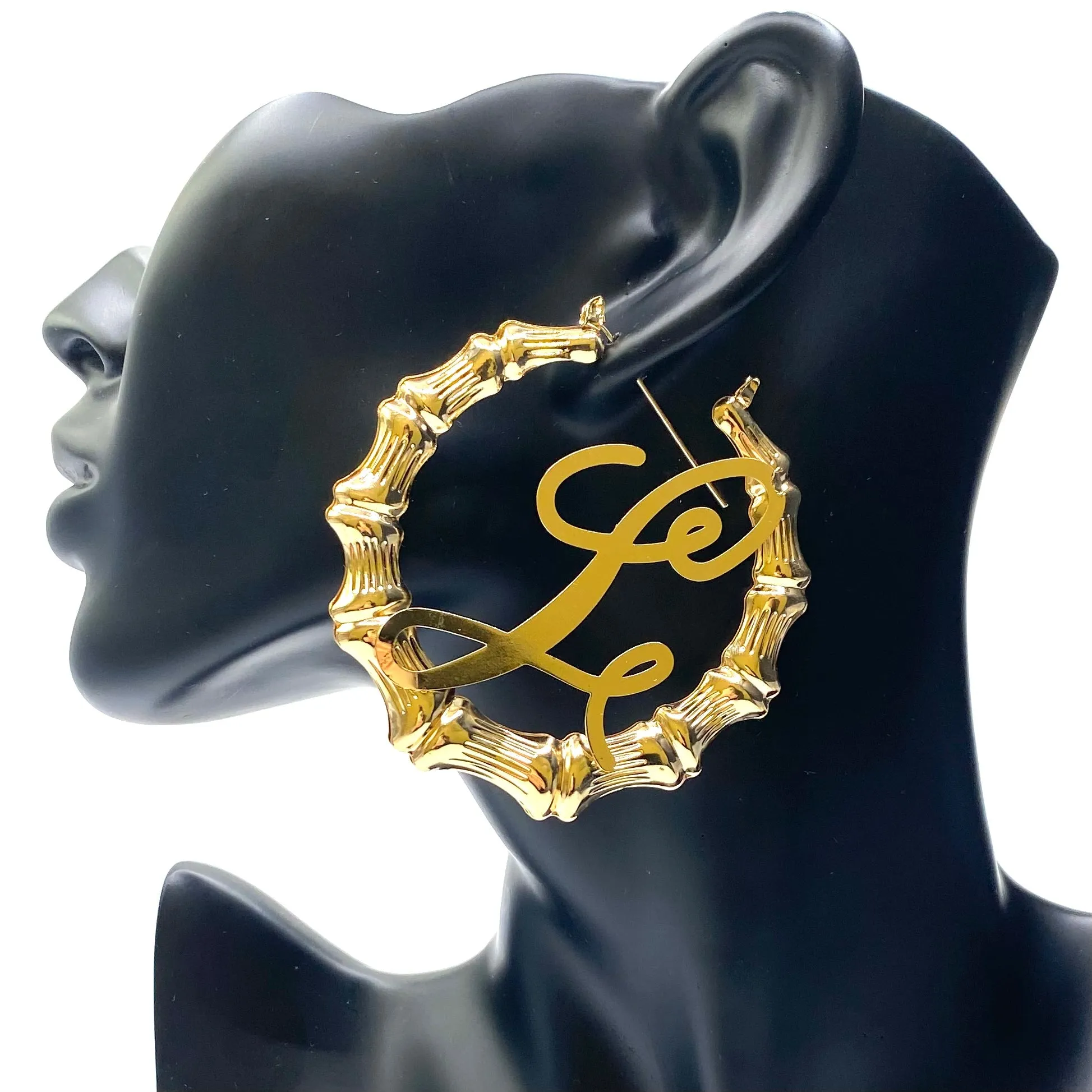 Earring Hoop Bamboo Initial Large Gold