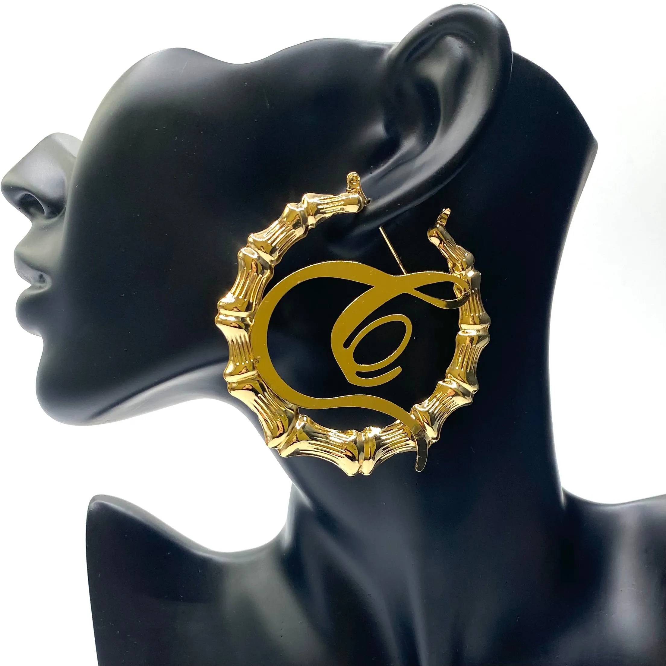 Earring Hoop Bamboo Initial Large Gold