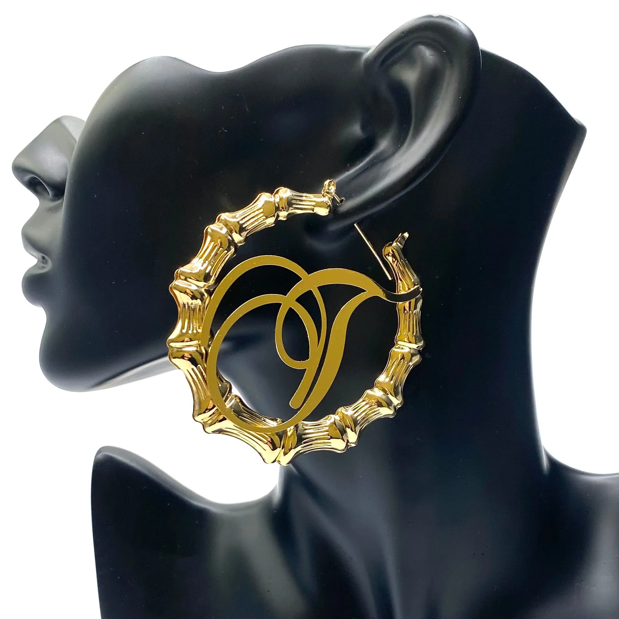 Earring Hoop Bamboo Initial Large Gold