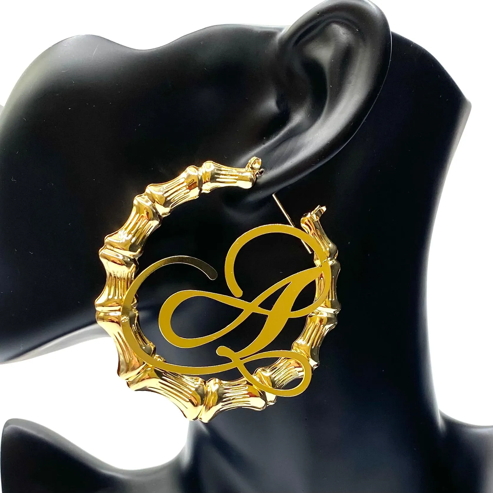 Earring Hoop Bamboo Initial Large Gold