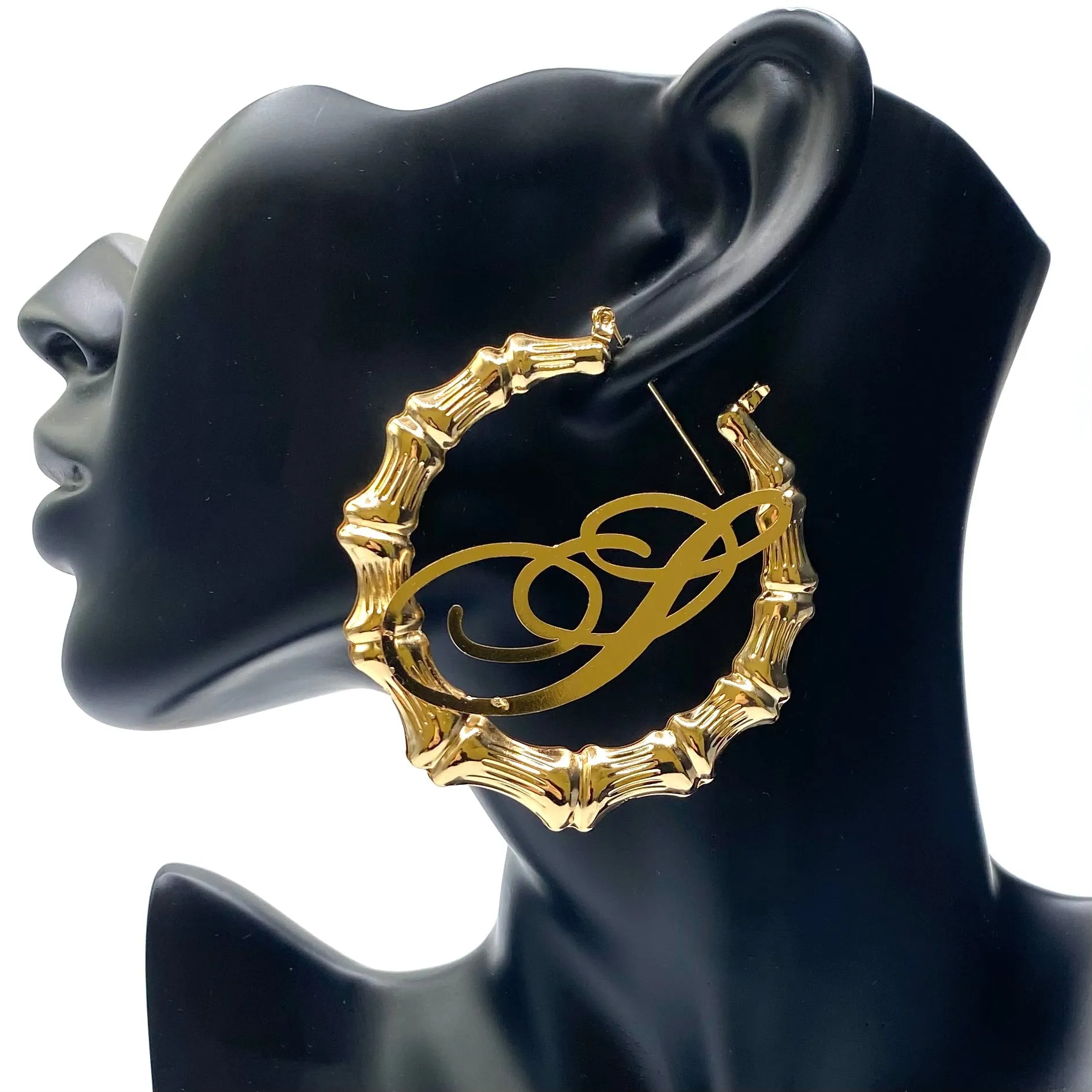 Earring Hoop Bamboo Initial Large Gold