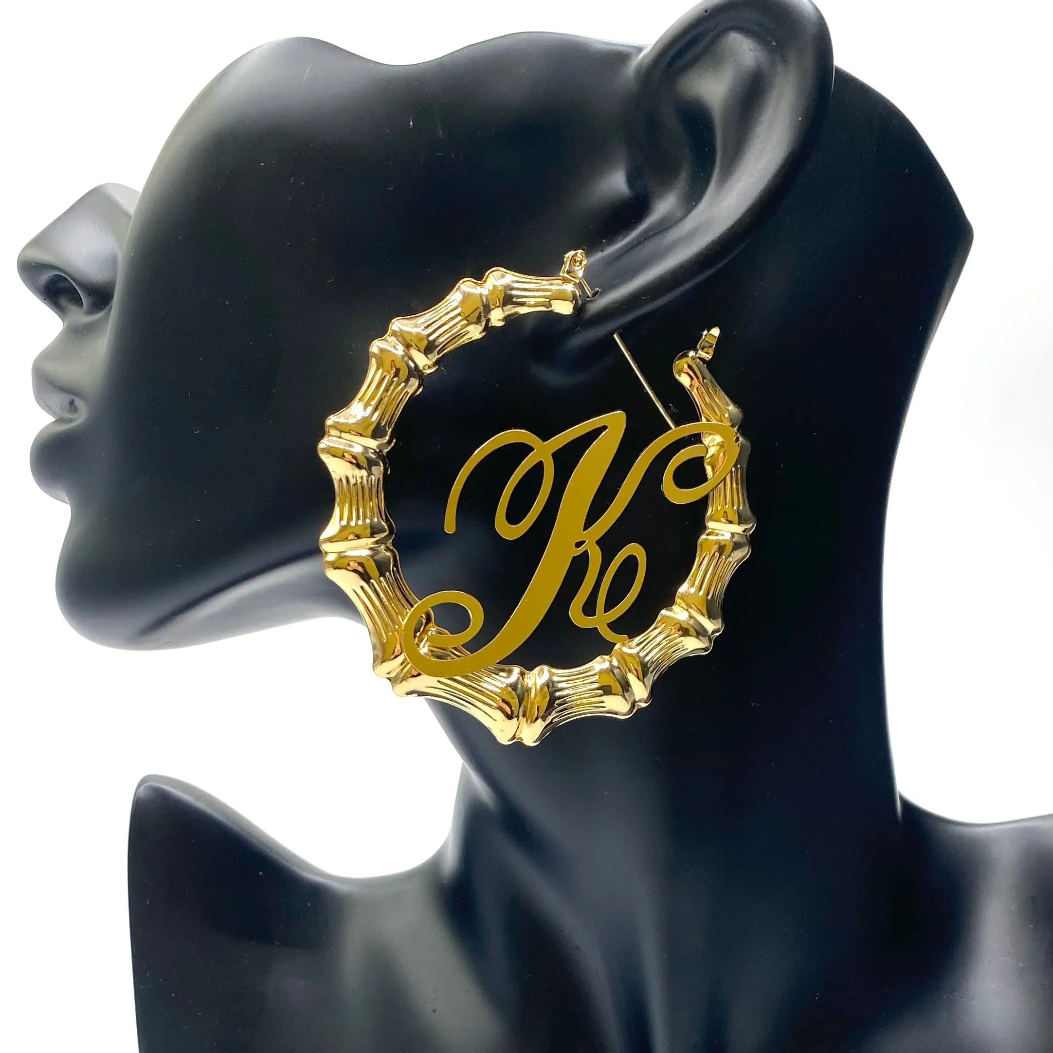 Earring Hoop Bamboo Initial Large Gold