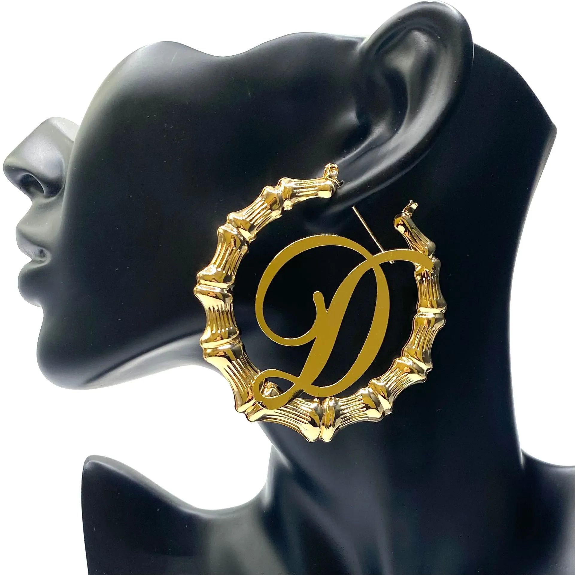 Earring Hoop Bamboo Initial Large Gold