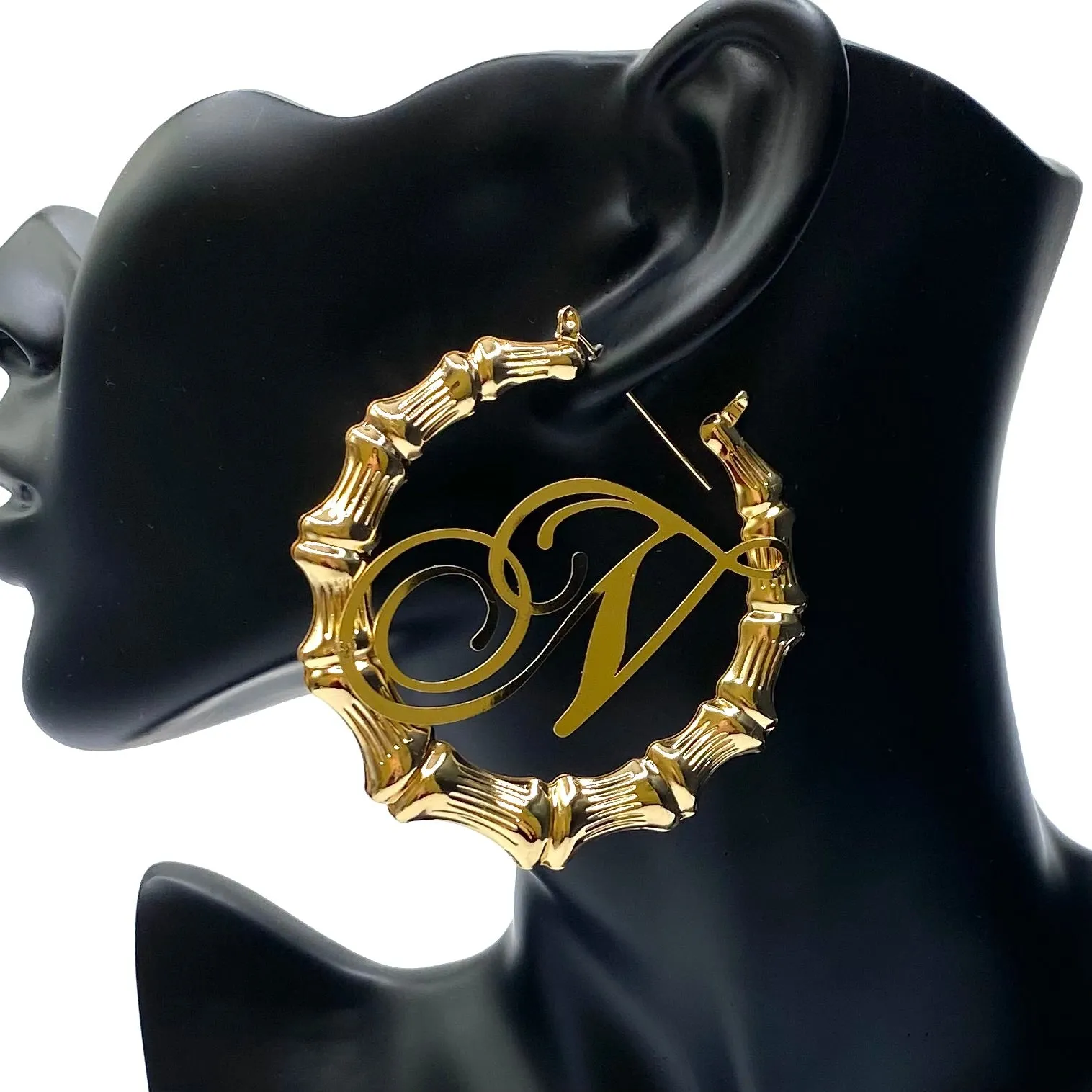 Earring Hoop Bamboo Initial Large Gold