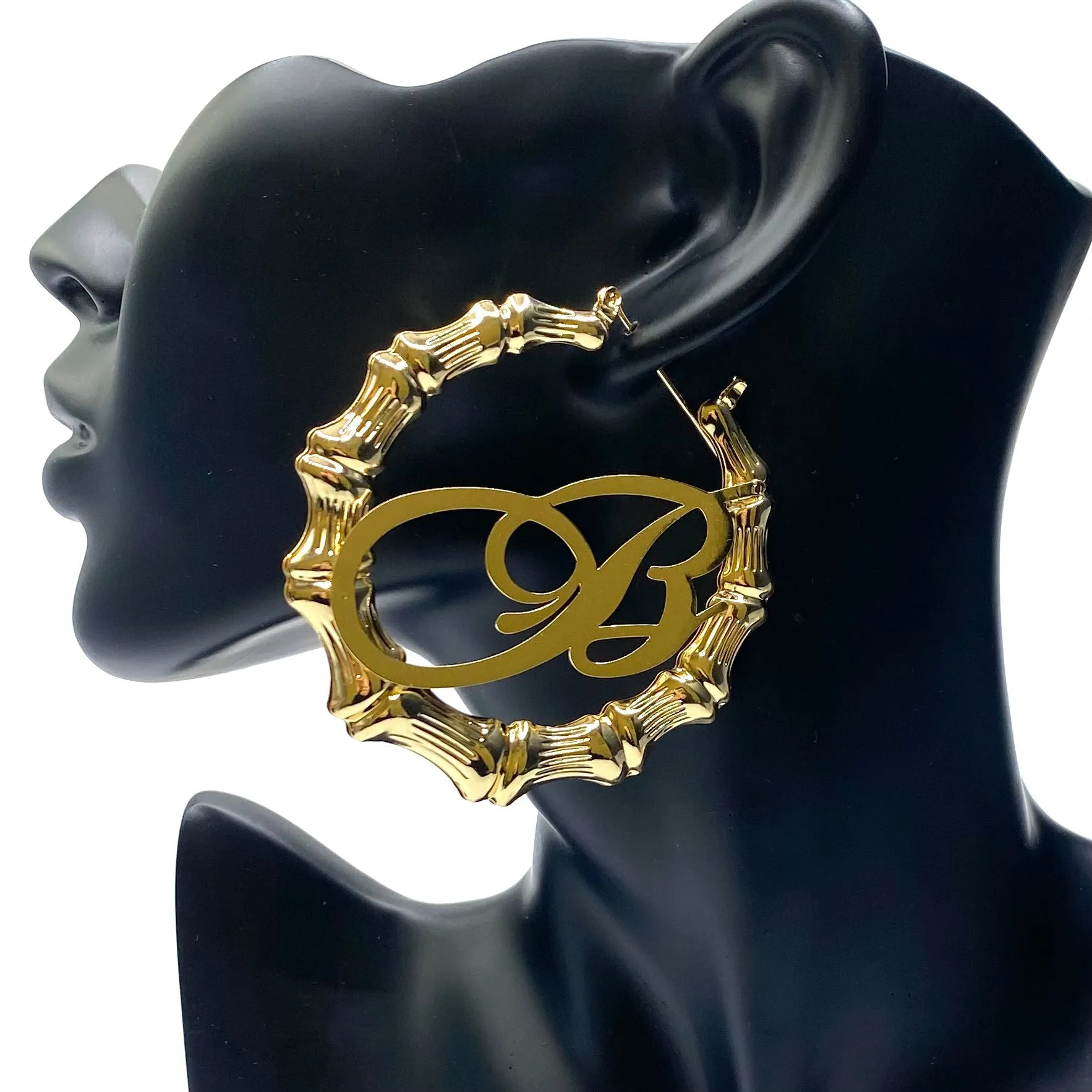 Earring Hoop Bamboo Initial Large Gold