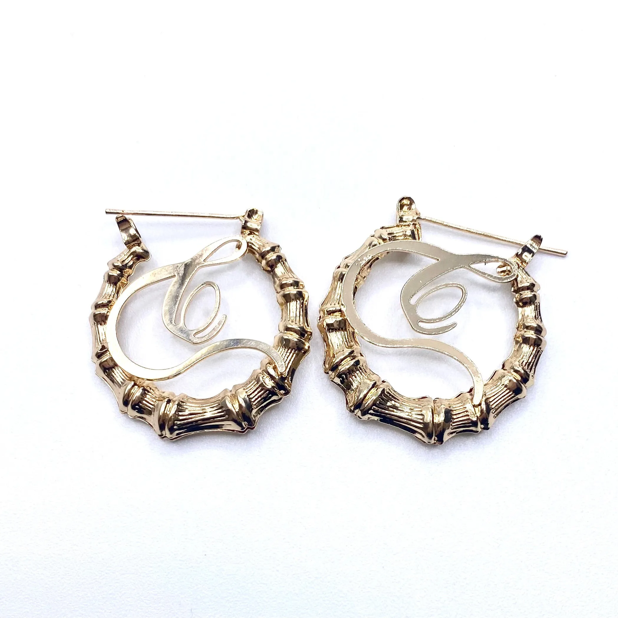 Earring Hoop Bamboo Initial Small Gold