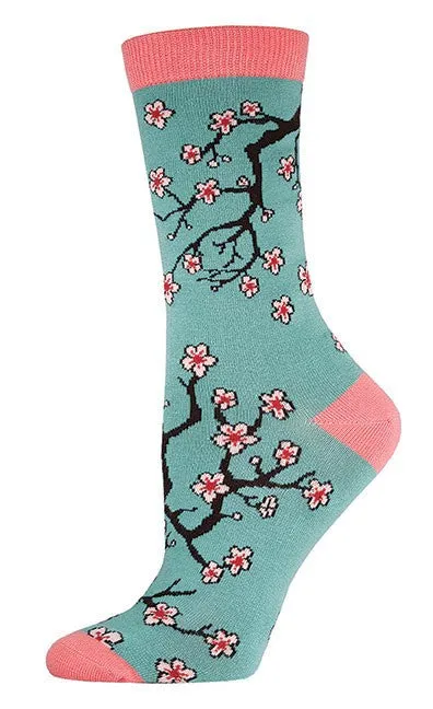 Green Cherry Blossoms Bamboo Socks (Women's)
