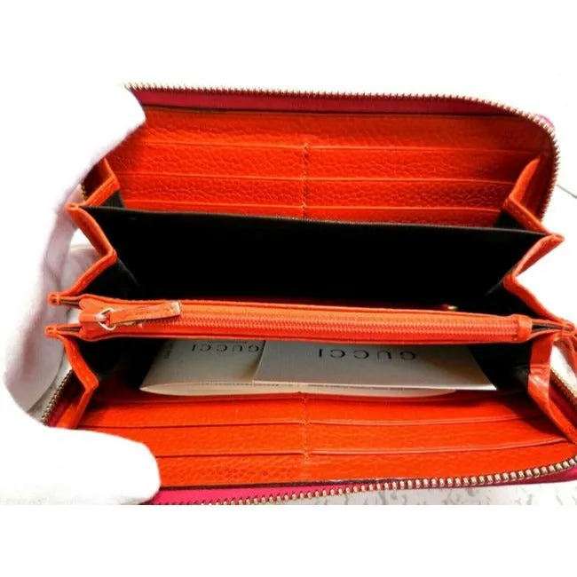 Gucci Fuchsia Orange W Bamboo Pull Xl Line Zip Around Checkbook Size Wallet