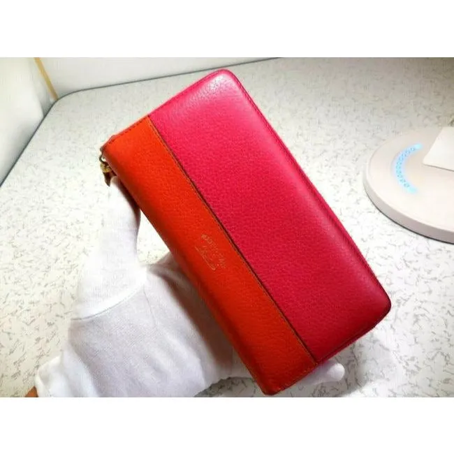 Gucci Fuchsia Orange W Bamboo Pull Xl Line Zip Around Checkbook Size Wallet