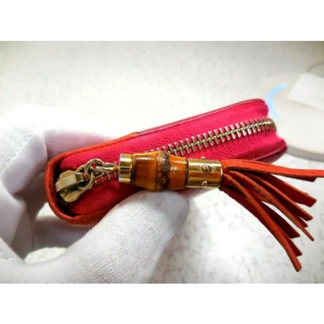 Gucci Fuchsia Orange W Bamboo Pull Xl Line Zip Around Checkbook Size Wallet