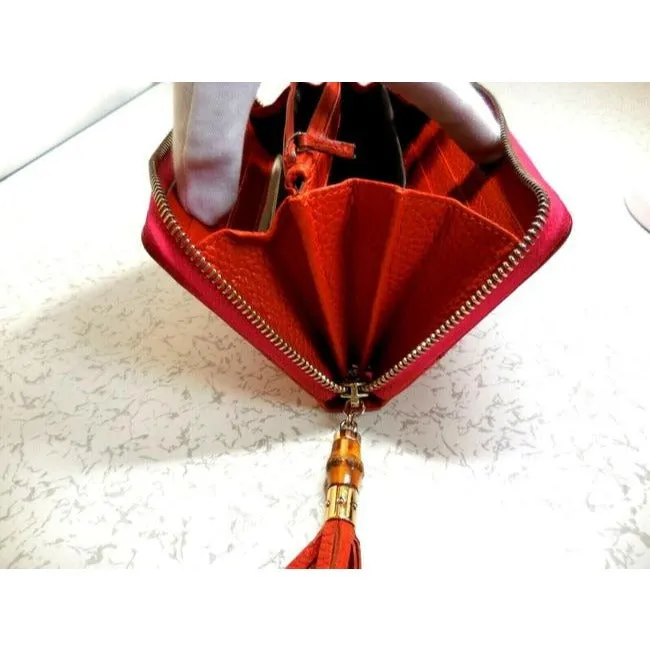 Gucci Fuchsia Orange W Bamboo Pull Xl Line Zip Around Checkbook Size Wallet