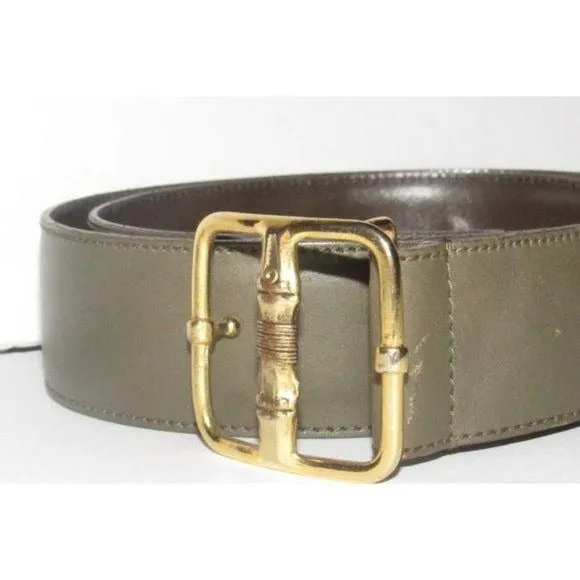 Gucci Grey Leather Belt with Gold GG Bamboo Engraved Buckle