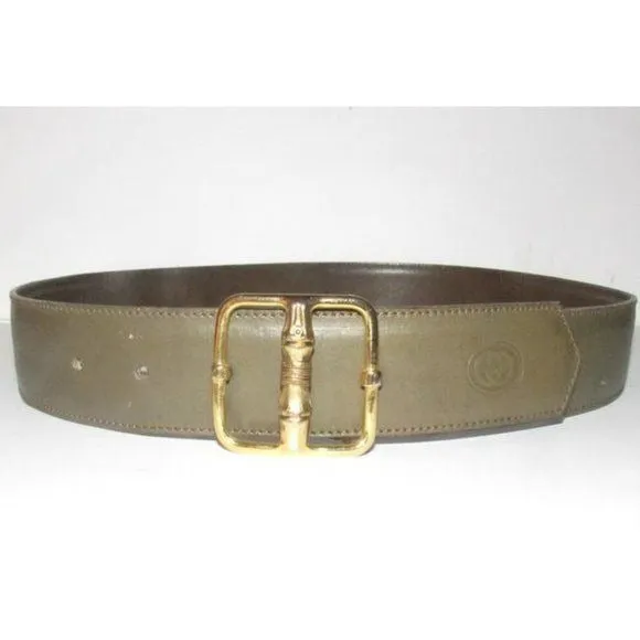 Gucci Grey Leather Belt with Gold GG Bamboo Engraved Buckle