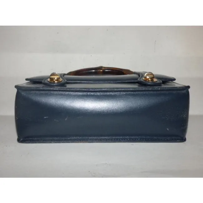 Gucci Vintage Navy Blue Leather And Bamboo Handle Satchel