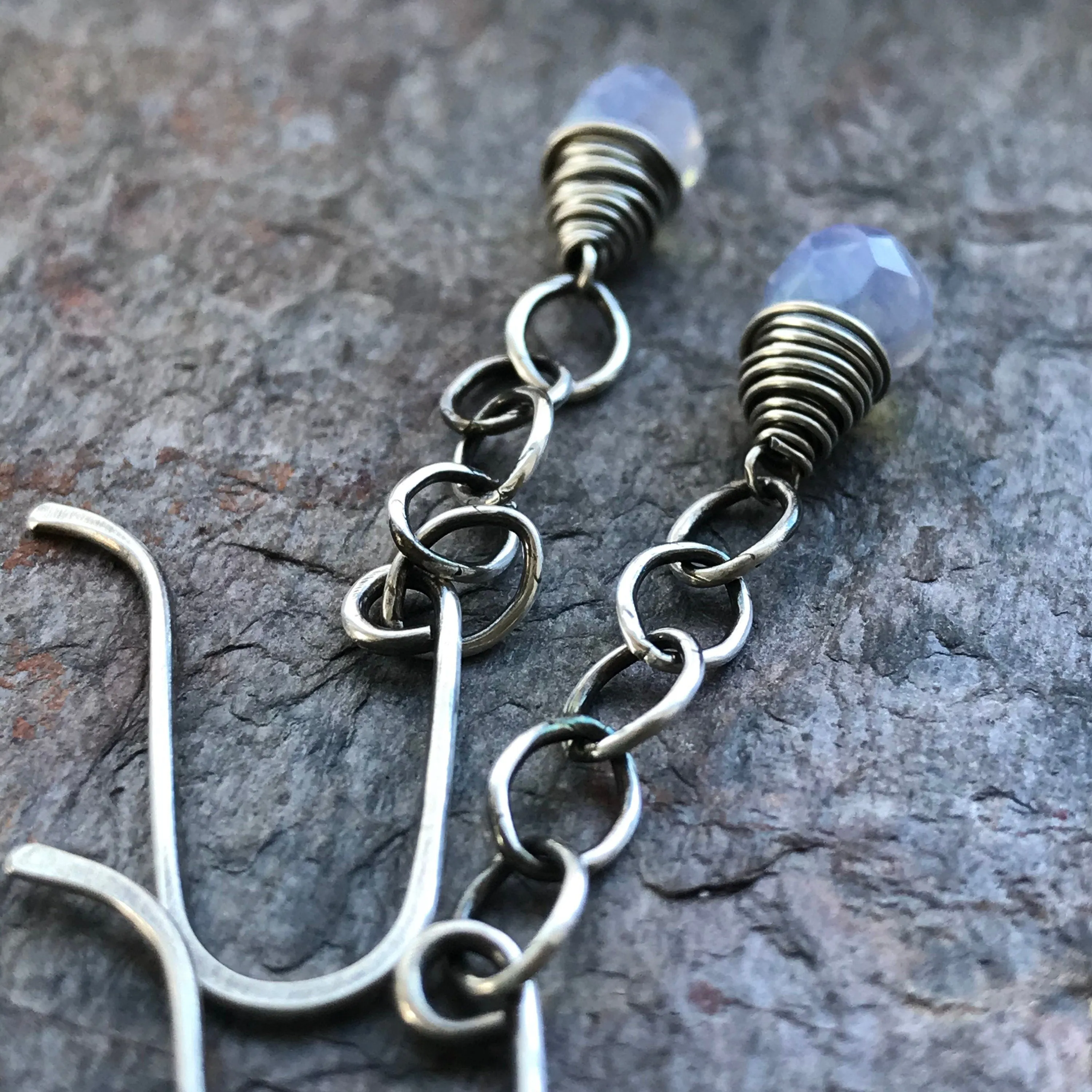 Opalite Sterling Silver Earrings - Faceted Opalite Briolettes on Sterling Silver Chains and Handmade Earwires