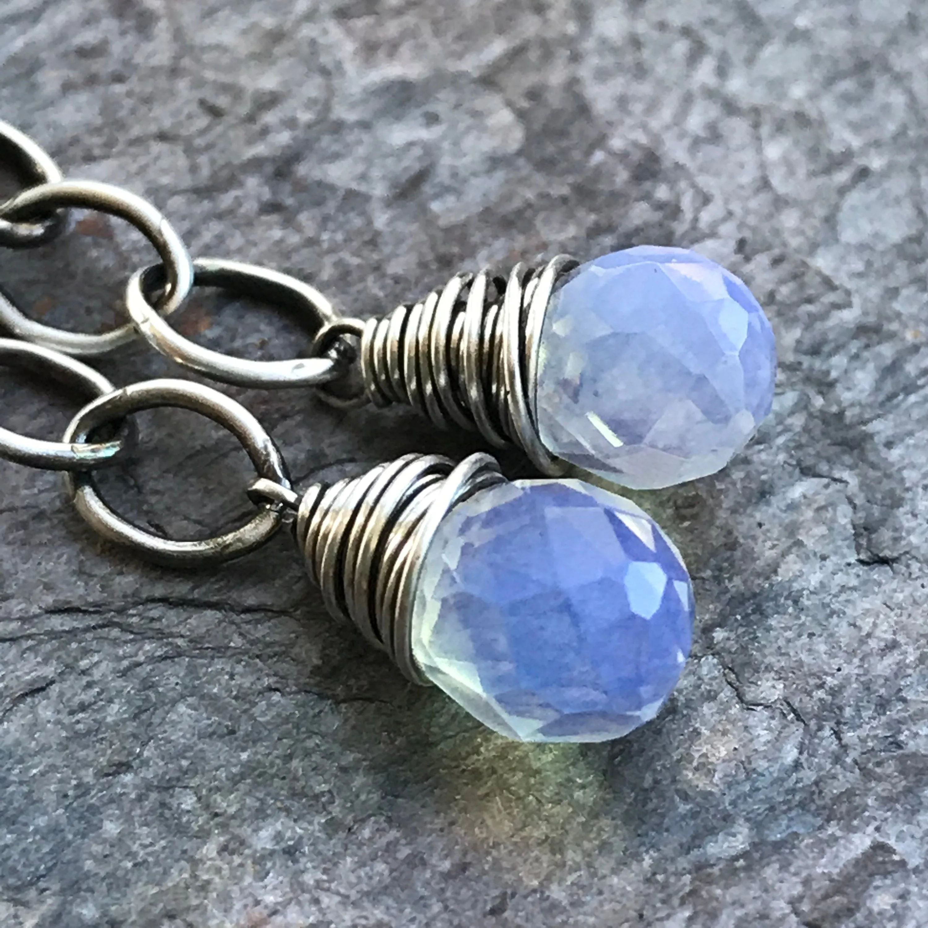 Opalite Sterling Silver Earrings - Faceted Opalite Briolettes on Sterling Silver Chains and Handmade Earwires
