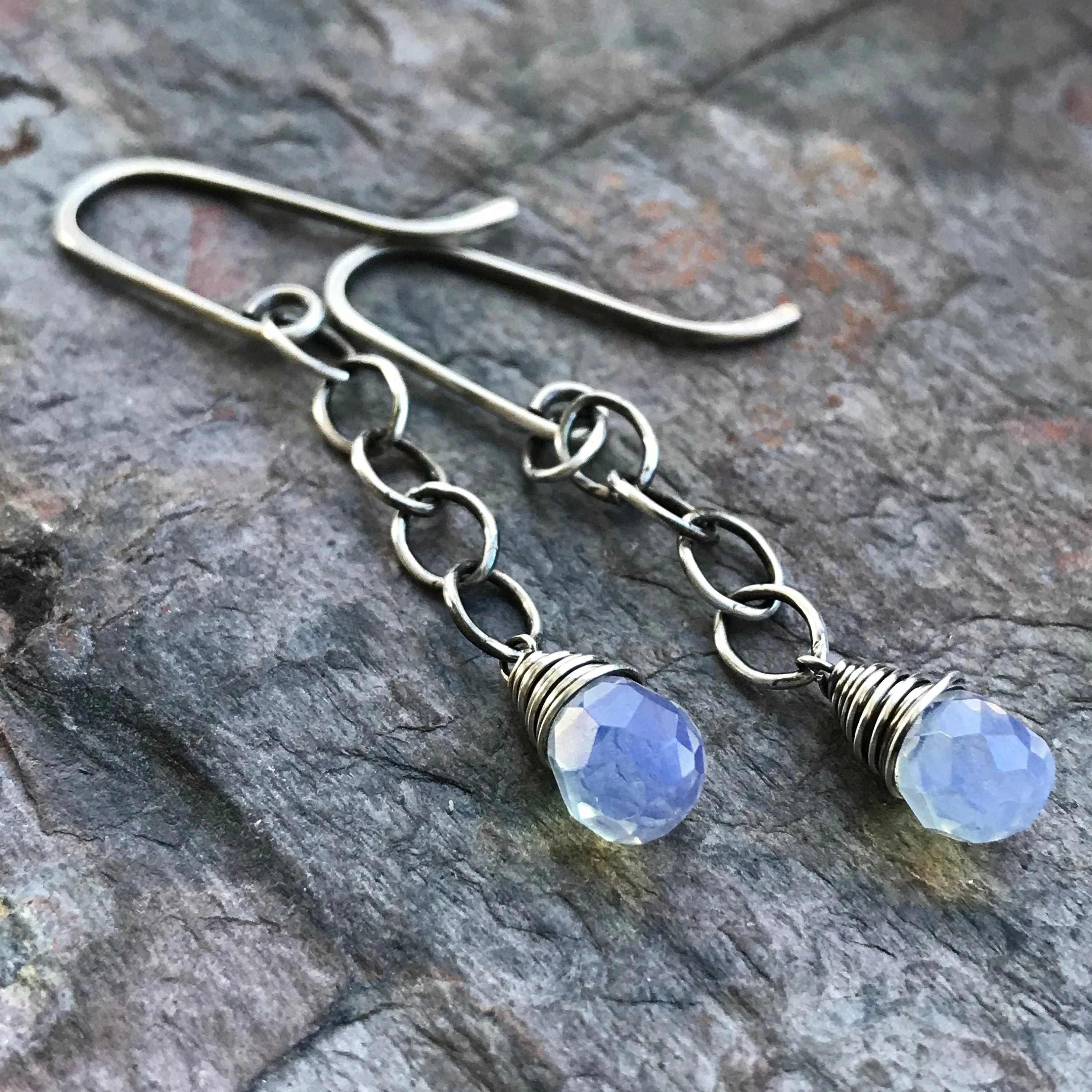 Opalite Sterling Silver Earrings - Faceted Opalite Briolettes on Sterling Silver Chains and Handmade Earwires